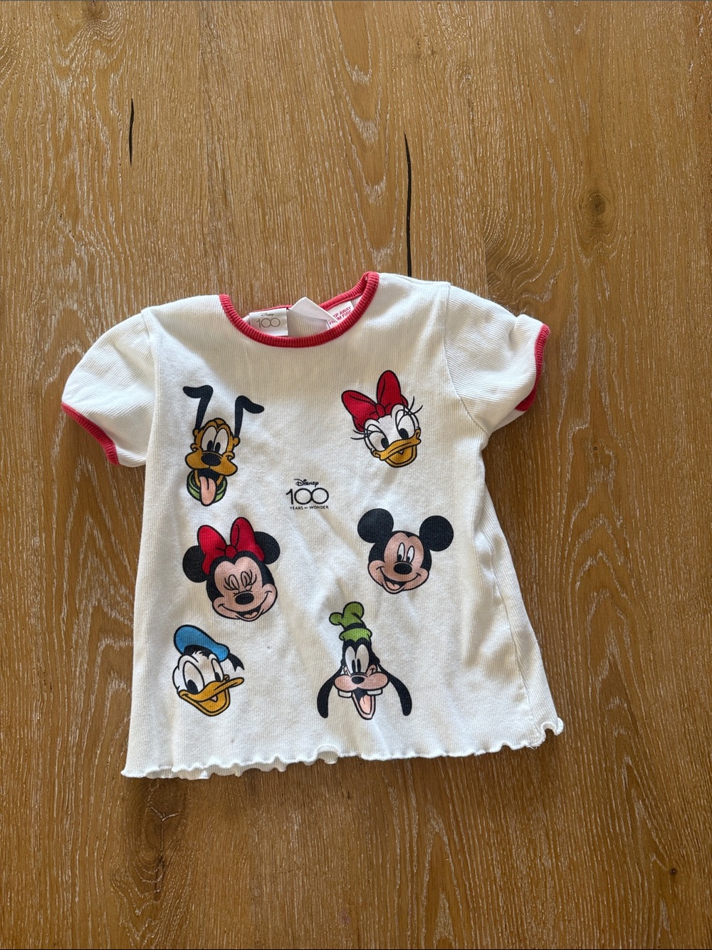Zara White Short Sleeve Tee with Red Trim and Disney Character Faces